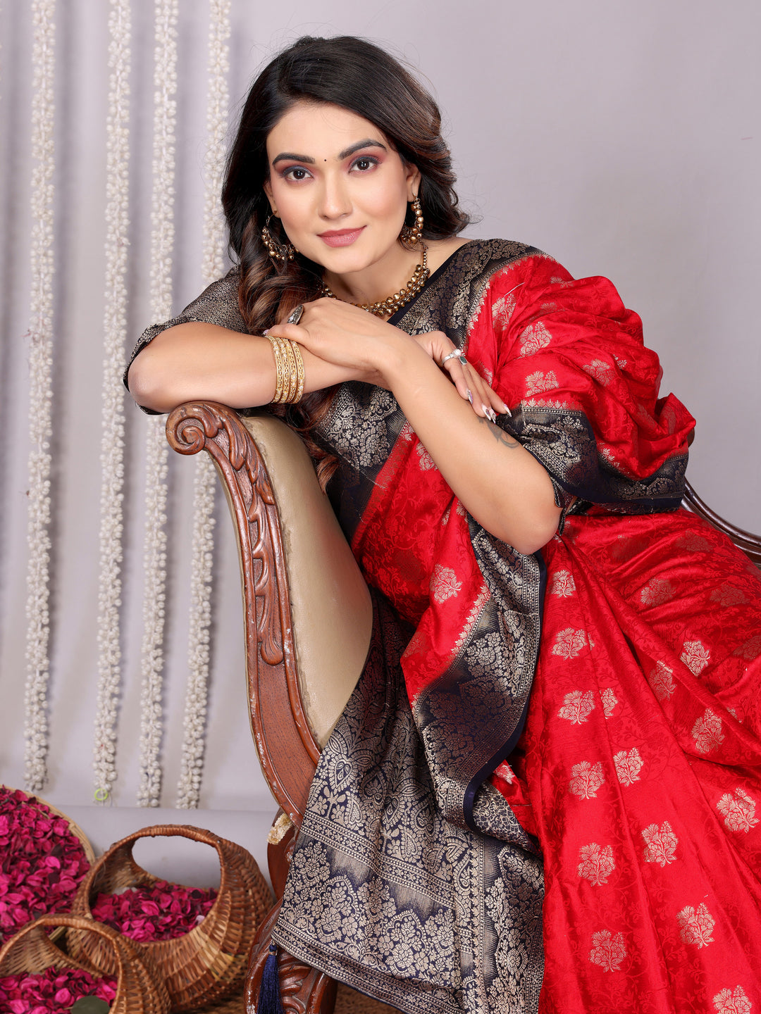 Red Sandhya Satin Silk Sarees With Butta Designs & Contrast Zari Woven Borders