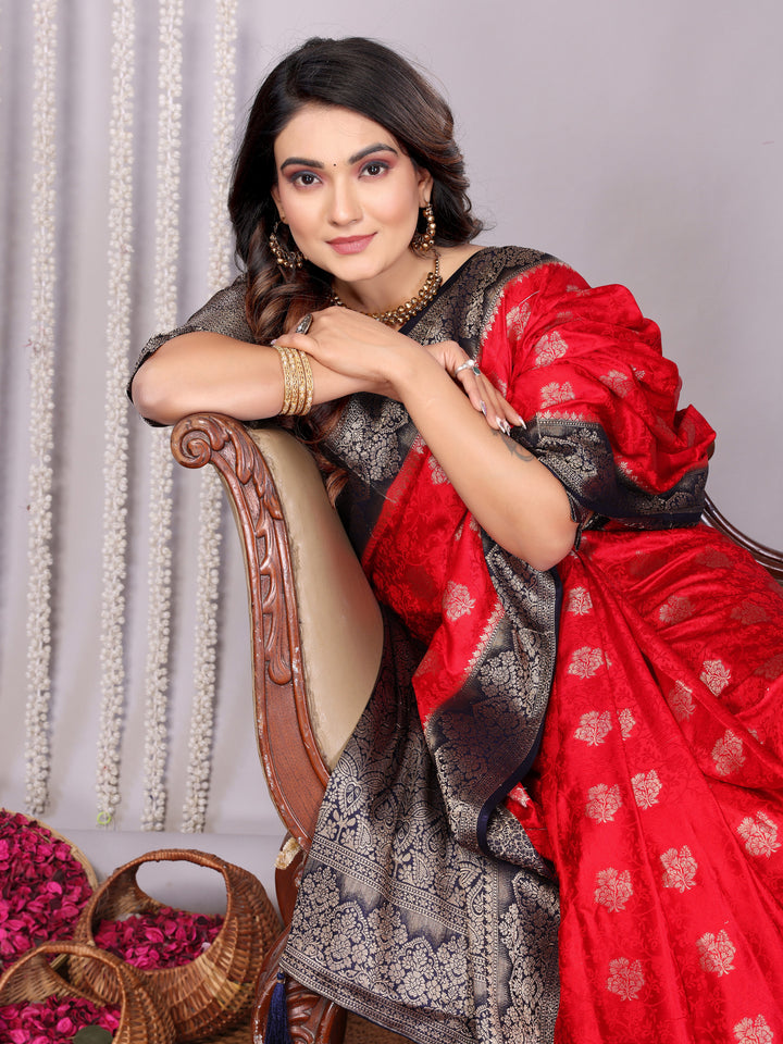 Red Sandhya Satin Silk Sarees With Butta Designs & Contrast Zari Woven Borders