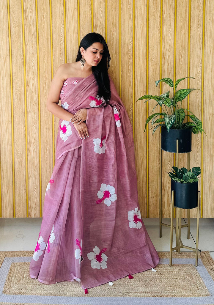 Bridge Champa-2 Soft Linen Cotton Digital Print Sarees With Flower Print & Printed Pallu