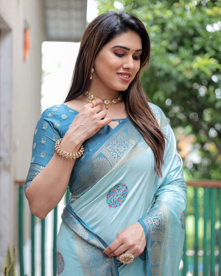 Sky Kamlika Dola Silk With Unique Butta And Contrast Border & Rich Pallu