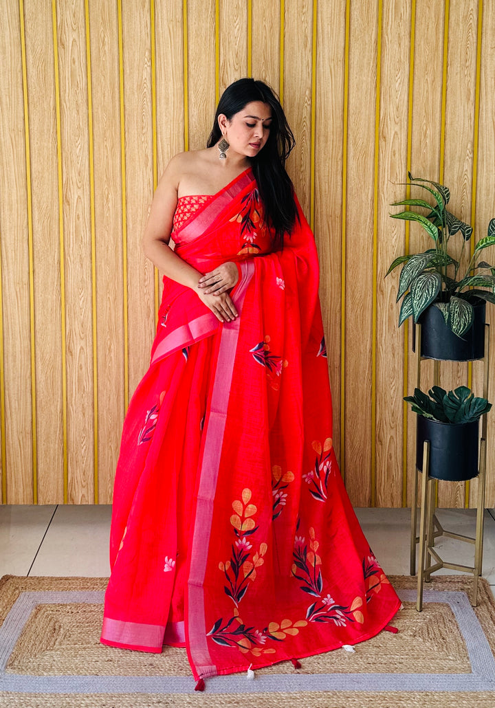 Red Muskan Soft Linen Cotton Digital Print Sarees With Batik Print With Silver Border