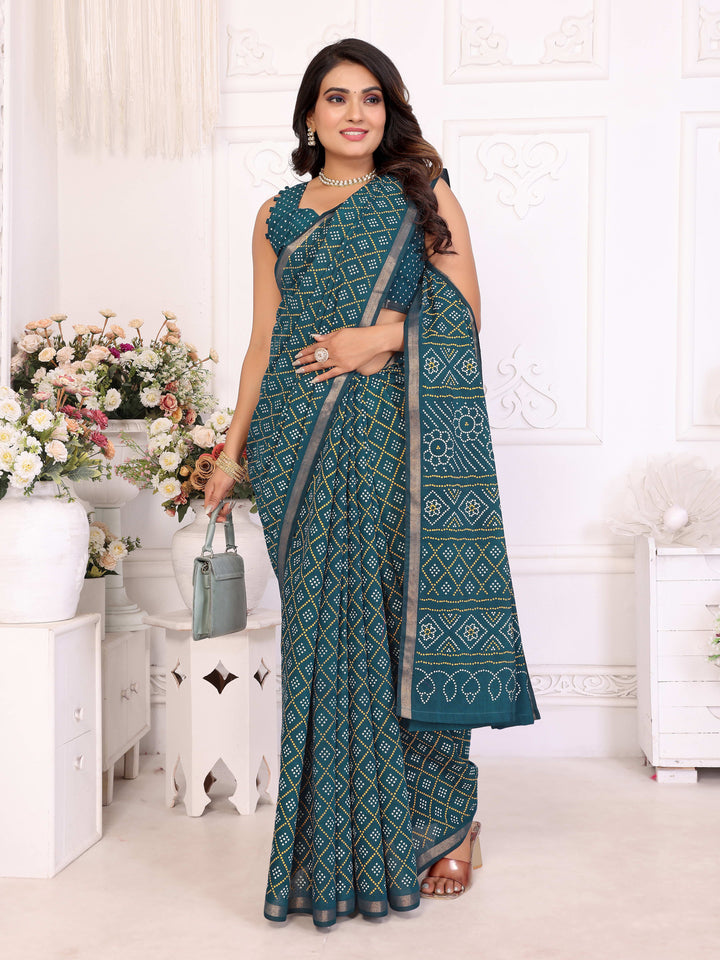 Teal Amba Pure Patola And Bandhej Pattern Soft Cotton Light Weight Saree