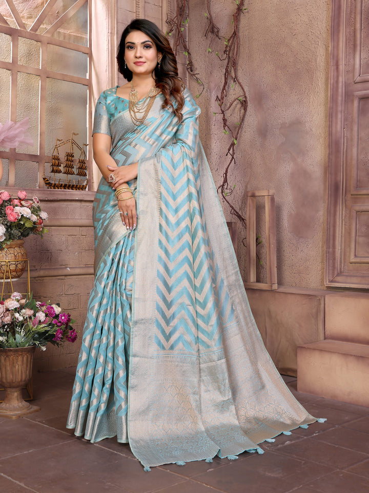 Sky Dwija Soft Organza Silk Banarasi Saree With Unique Butta With Unique Colours