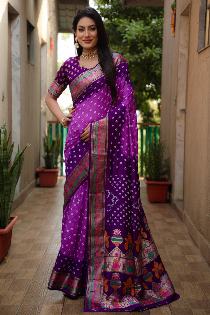 Purple Swastik Pure Bandhej Silk Saree With Minakari Border Kalash & Swastik Design Rich Pallu Saree