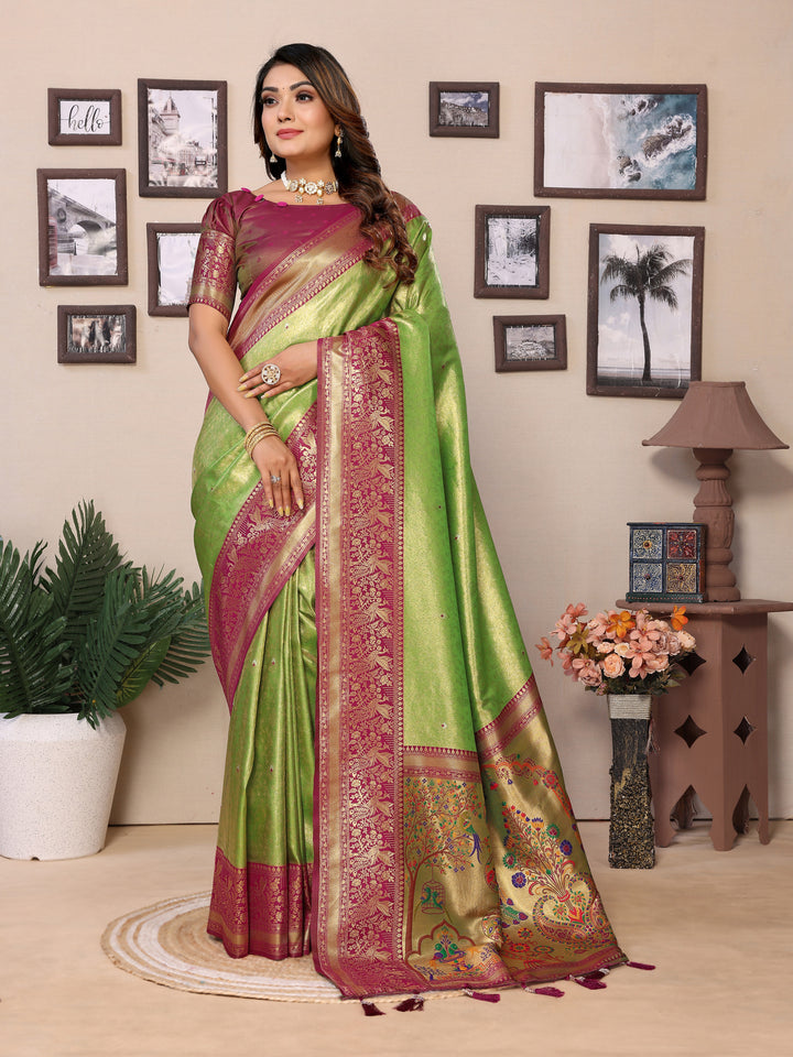 Parrot Green Vantara Banarasi Tissue Silk Saree With Contrast Paithani Woven Borders & Pallu