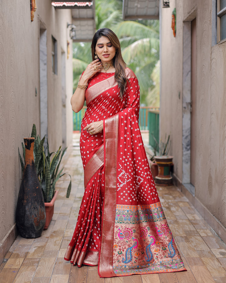 Maroon Yashomati Dola Soft Silk Bandhej Sarees With Awesome Two Sides Jari Border &  Paithani Style Rich Pallu