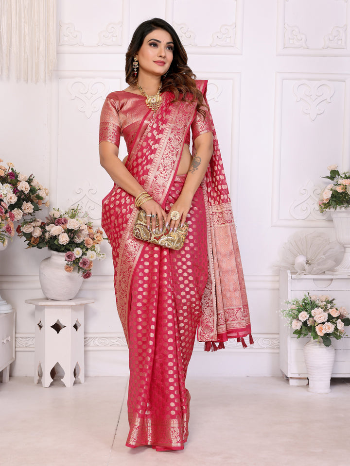 Red Aruni Soft Organza Silk Banarasi Saree With Unique Butta With Unique Colours