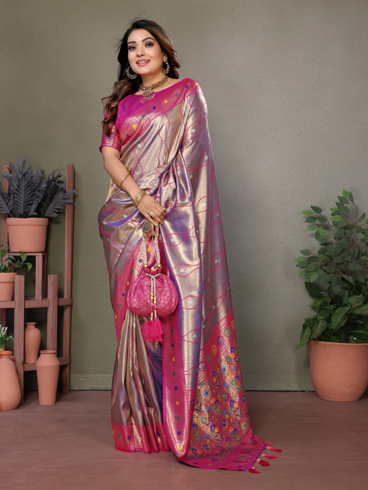 Purple Vasant Banarasi Tissue Silk Saree With Laheriya Woven Borders & Contrast Banarasi Pallu