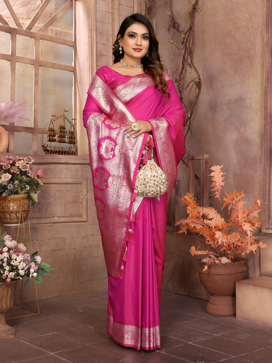 Pink Rani Banarasi silk sarees saree with beautiful Gala weaving exclusive work soft comfy