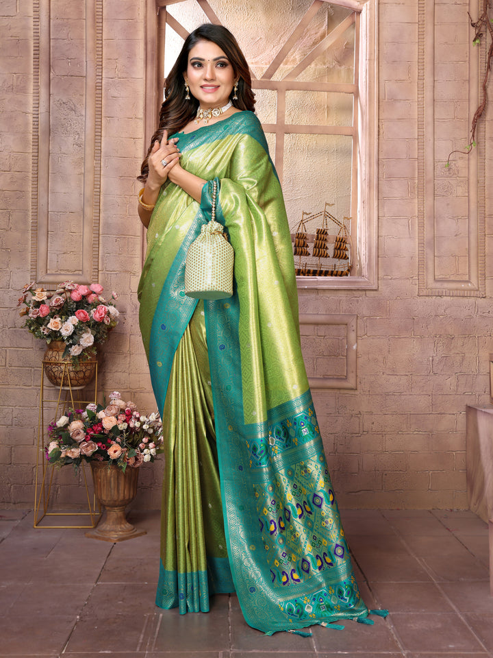 Green Vimala Banarasi Silk Saree With Contrast Paithani Woven Borders & Pallu