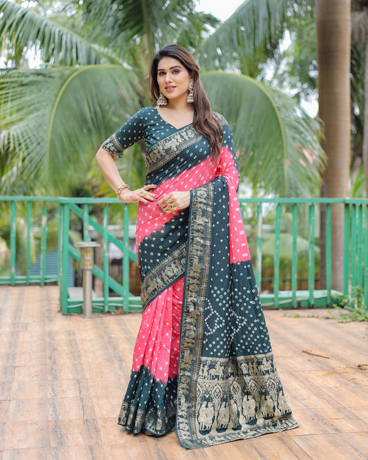 Light Pink Vamika Pure Bandhej Silk Saree With Bandhej Border & Zari Weaving Rich Tissue Pallu