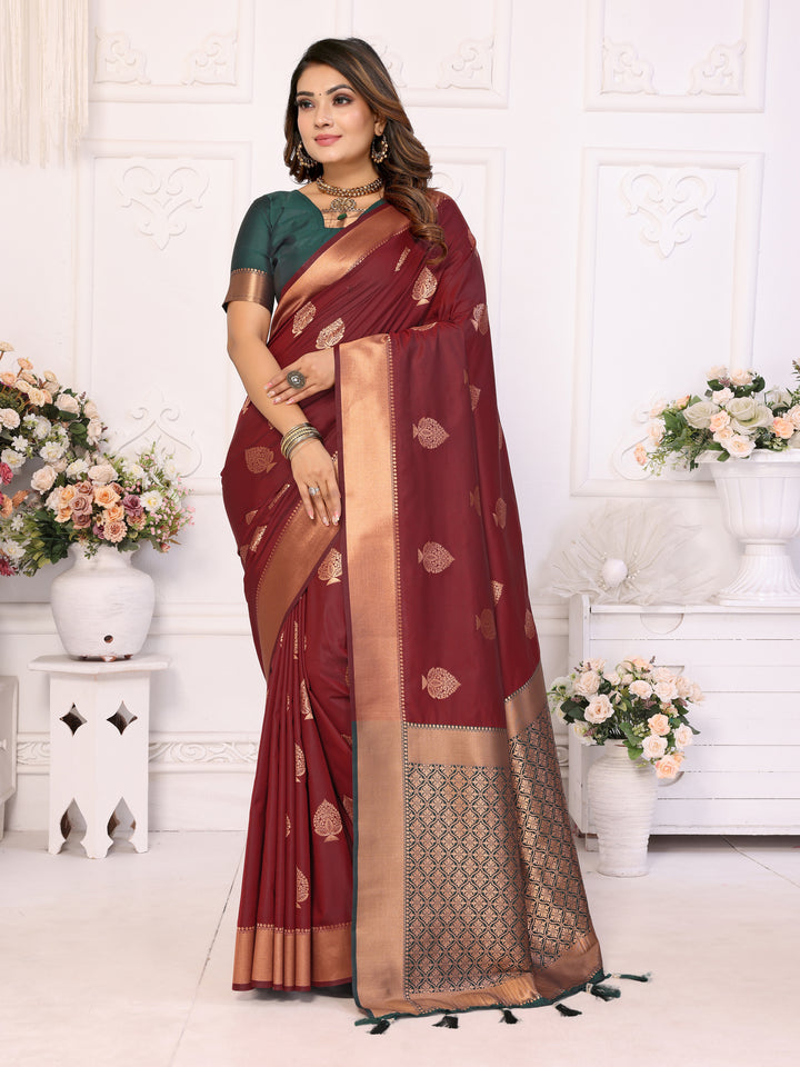 Maroon Vardhman Lichi soft Silk sarees woven Butta concept & woven Zari borders both sides