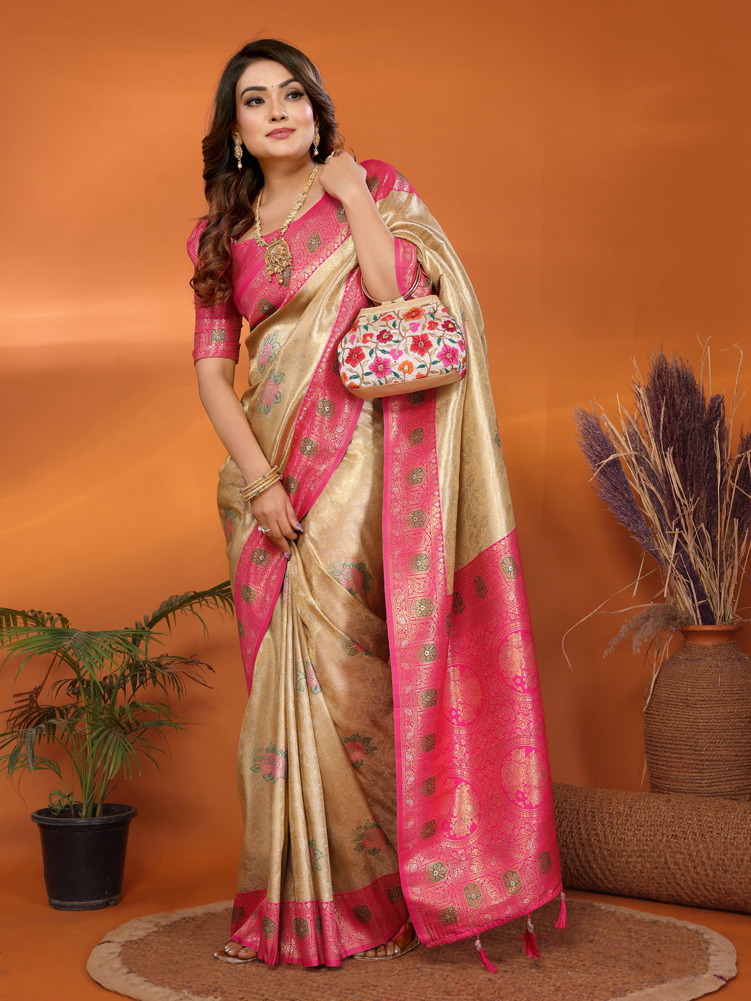 Beige Saroj Banarasi Silk Saree With Contrast Paithani Woven Borders & Pallu