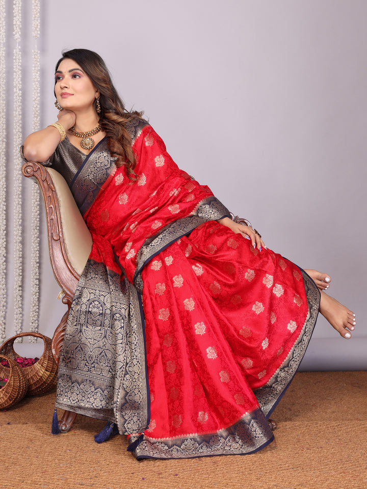 Red Sandhya Satin Silk Sarees With Butta Designs & Contrast Zari Woven Borders