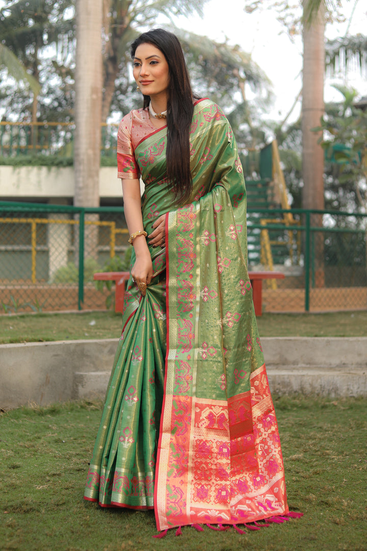 Green Isha Organza Silk Sarees Ikkat Patola concept With Ikkat Patola weave pallu with tassels