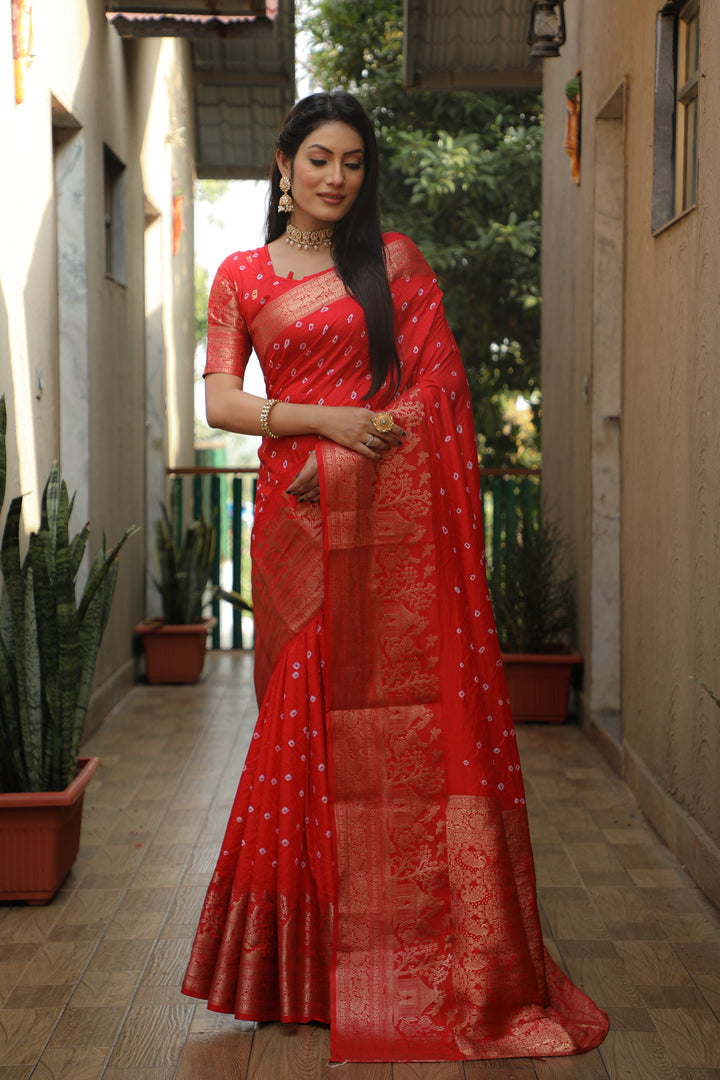 Red Suvarna-3 Bandhej Kanjivaram silk saree And Kanjivaram Border with Zari Weaving Rich Pallu