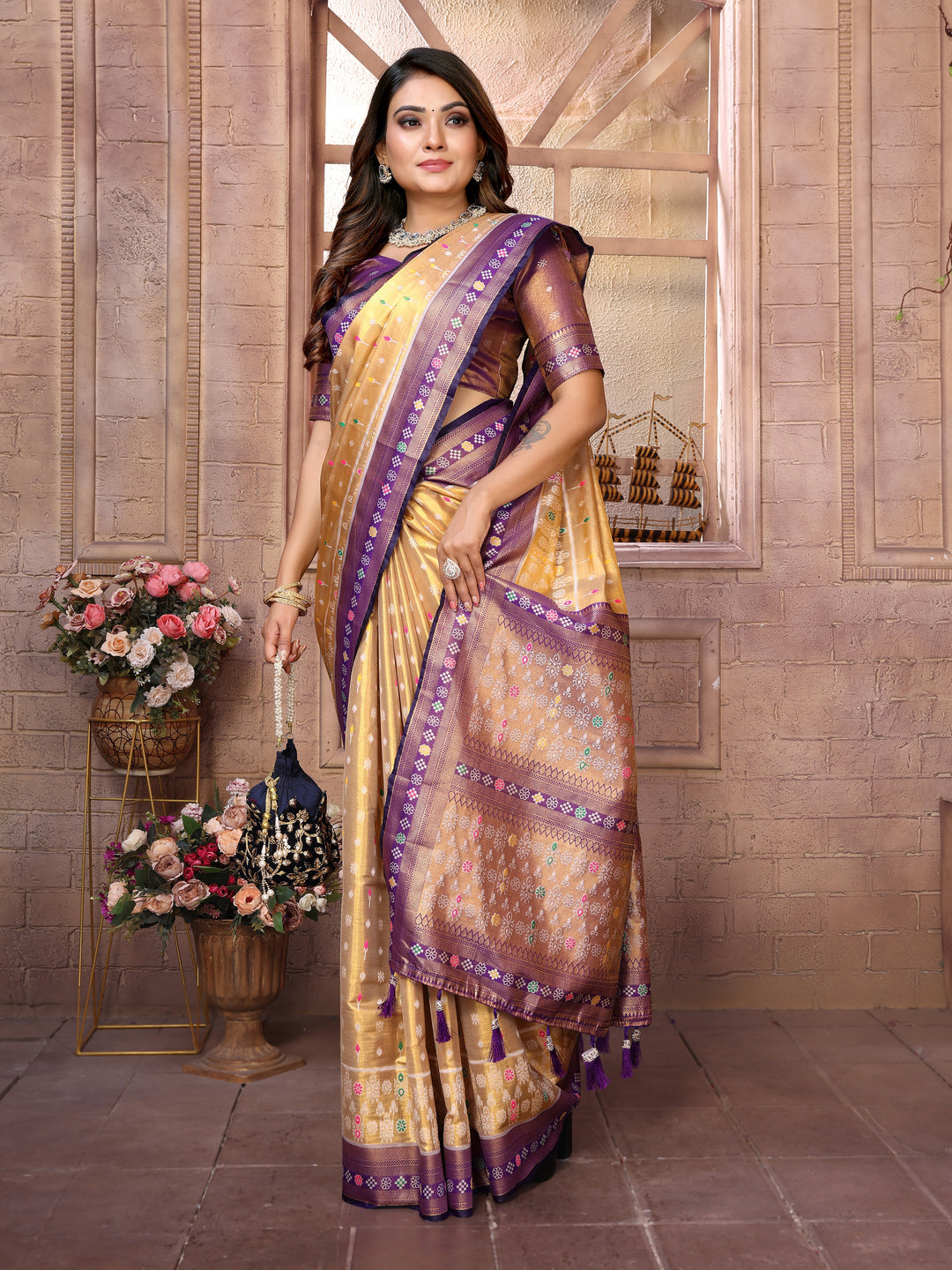 Purple Tarveni Banarasi Tissue Silk (Patola weaving) Saree With Contrast Patola Woven Borders & Pallu