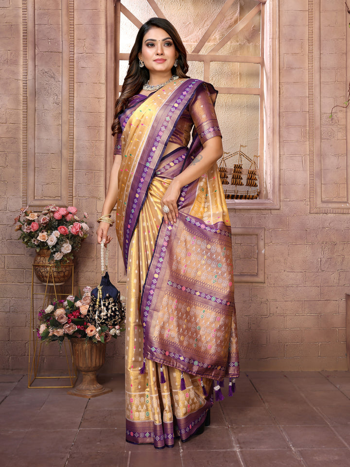 Purple Tarveni Banarasi Tissue Silk (Patola weaving) Saree With Contrast Patola Woven Borders & Pallu