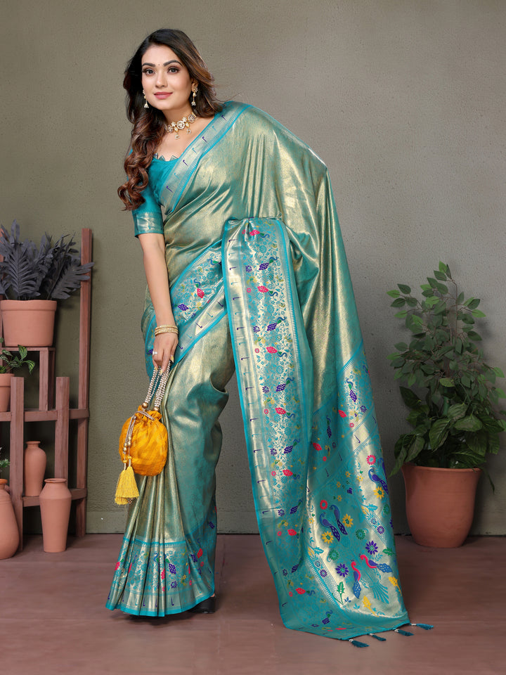 Sky Mrudangi Pure Banarasi Tissue silk sarees contrast Paithani woven border classic pallu