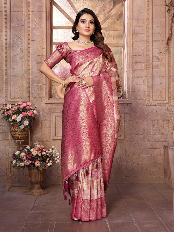 Beige Somya Banarasi Chaturi silk saree ,Jari weaving Border and Weaving rich pallu