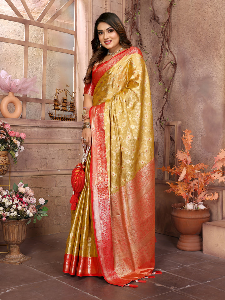 Yellow Vanita Tissue Silk Saree Zari Designs and Contrast Zari Borders & Rich Pallu