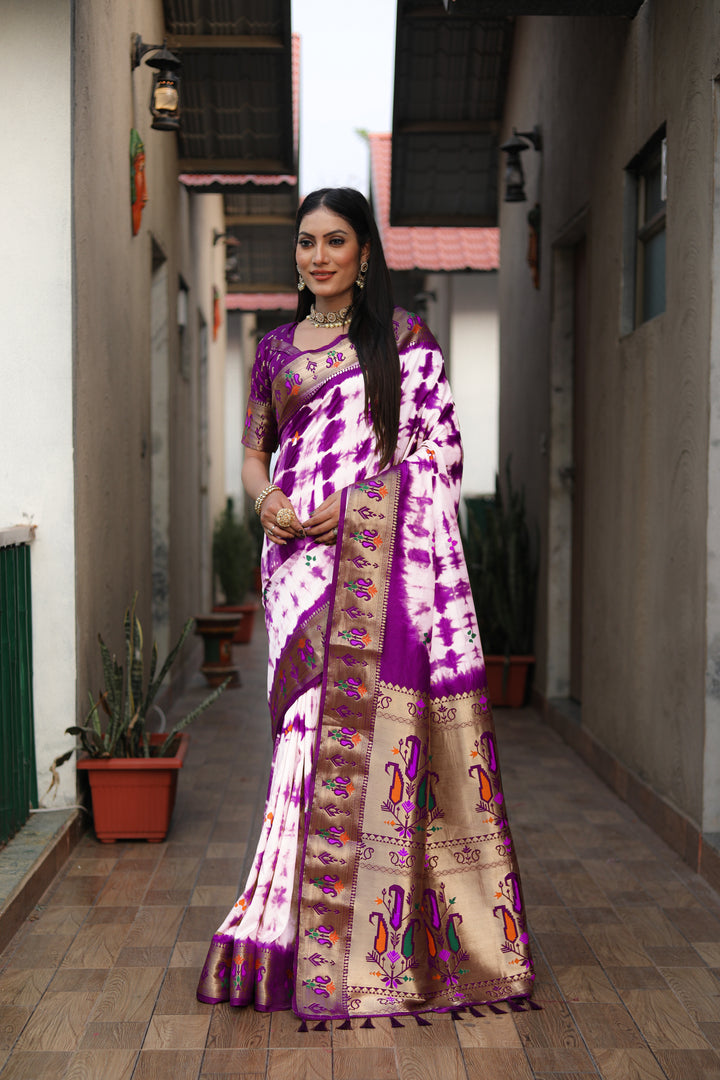 Purple Poonam Sibori Print Paithani Silk Sarees With Gold Zari Paithani Border & Contrast Rich Pallu