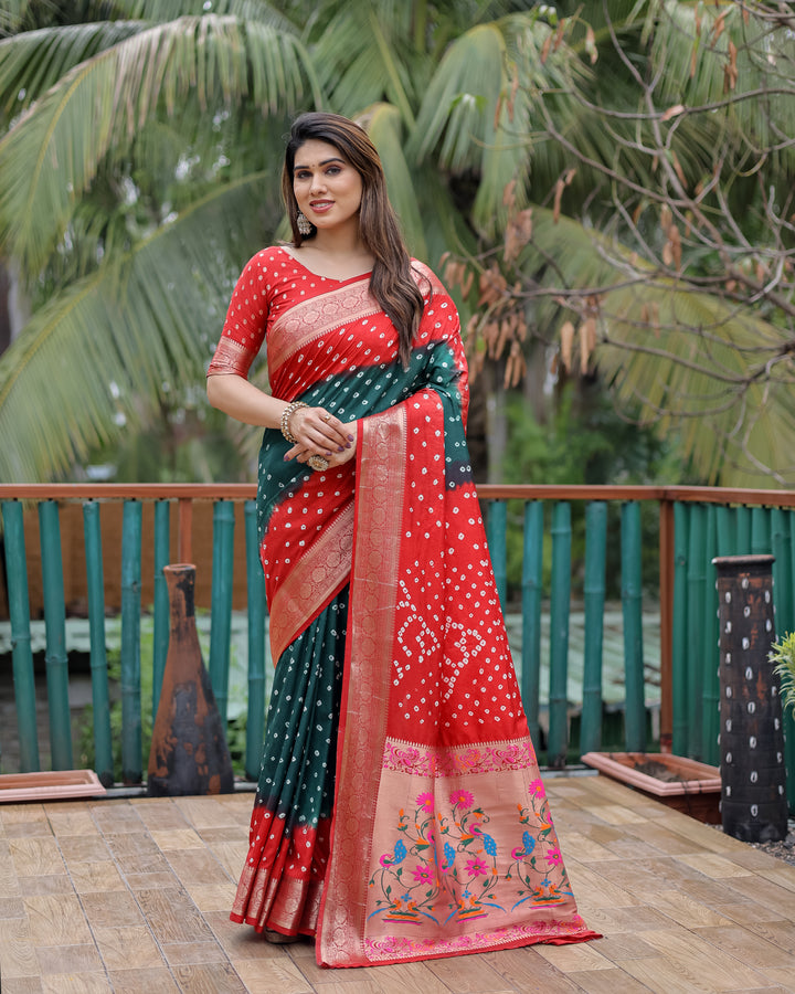 Dark Green Devika Dola Soft Silk Bandhej Sarees Jari Paithani Weaving Border & Weaving Paithani Style Rich Pallu