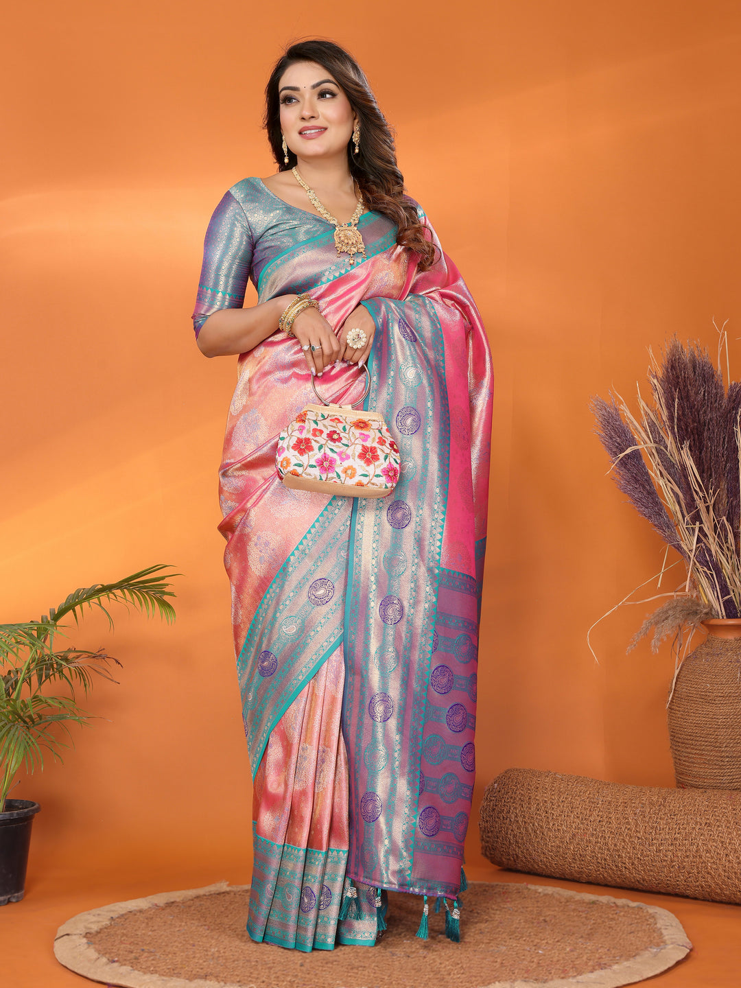 Pink Sonali Banarasi Silk Saree With Contrast Paithani Woven Borders & Pallu
