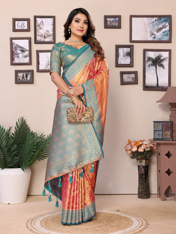 Orange Hema pure Banarasi Tissues silk sarees Its soft and silky with Meenkari woven border