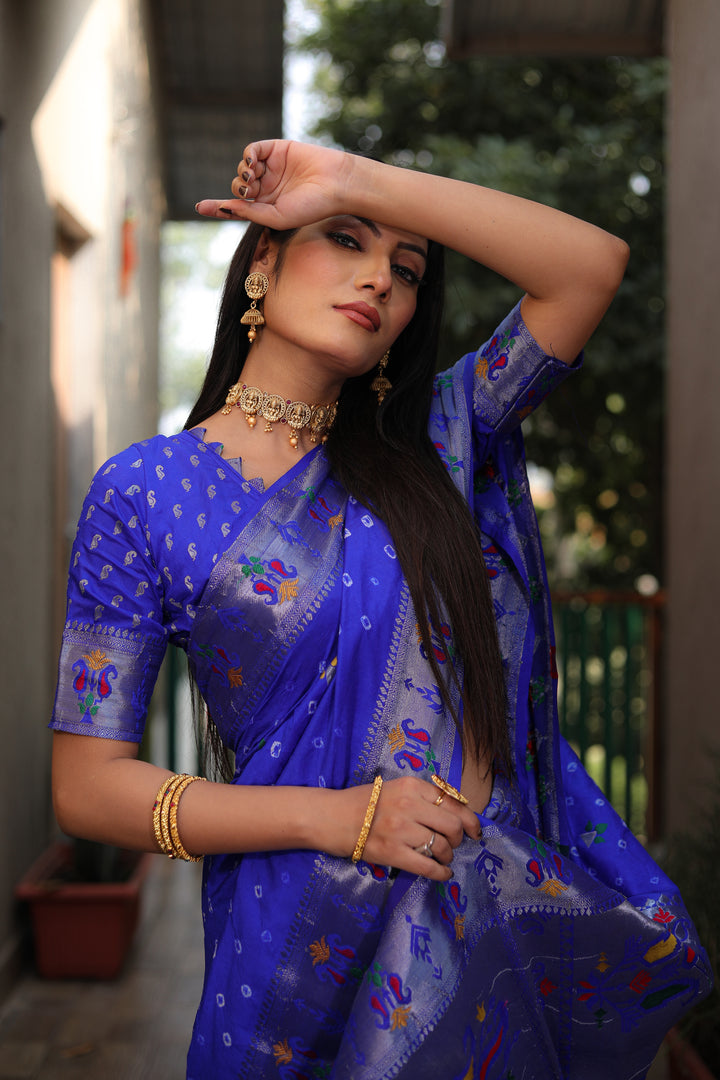 Blue Yogeshwari Dola Soft Silk Bandhej Saree With Jari Border & Weaving Paithani Style Rich Pallu