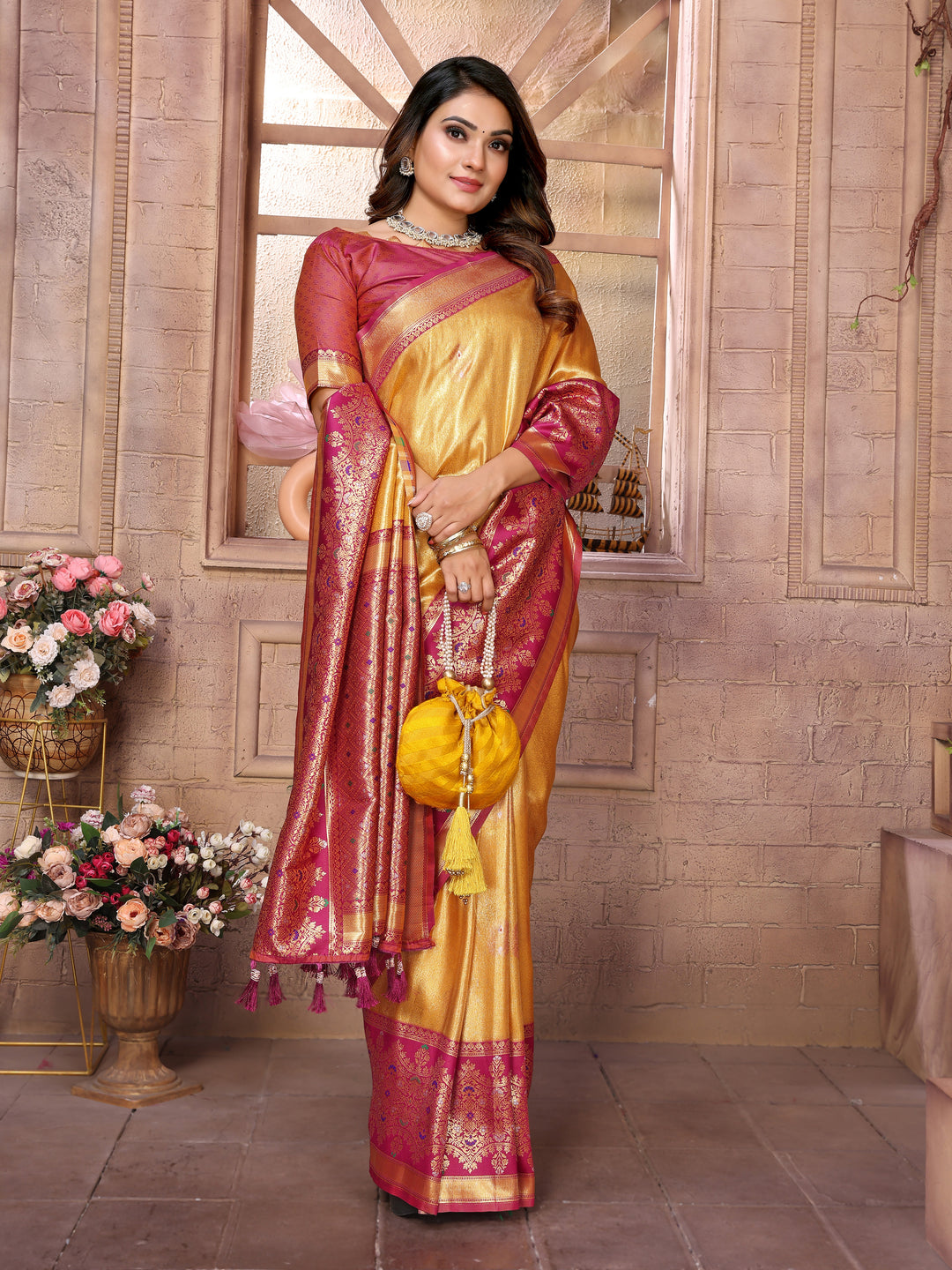 Yellow Sundari Banarasi Tissue Silk Saree With Contrast Banarasi Woven Borders & Pallu