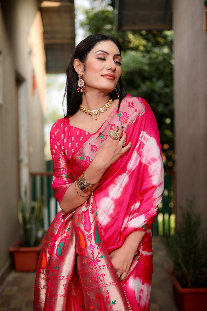 Pink Vatika Sibori Print Paithani Silk Sarees With Gold Zari Paithani Border & Contrast Rich Pallu
