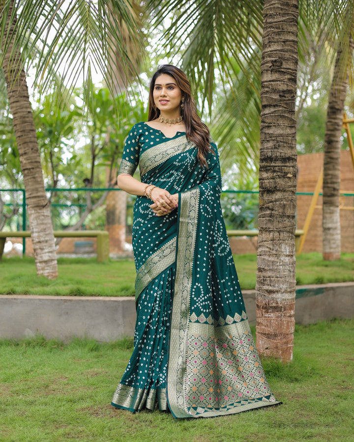 Green Padmavati Dola Soft Silk Bandhej Saree With All Over Handmade Bandhej With Jari Weaving Border