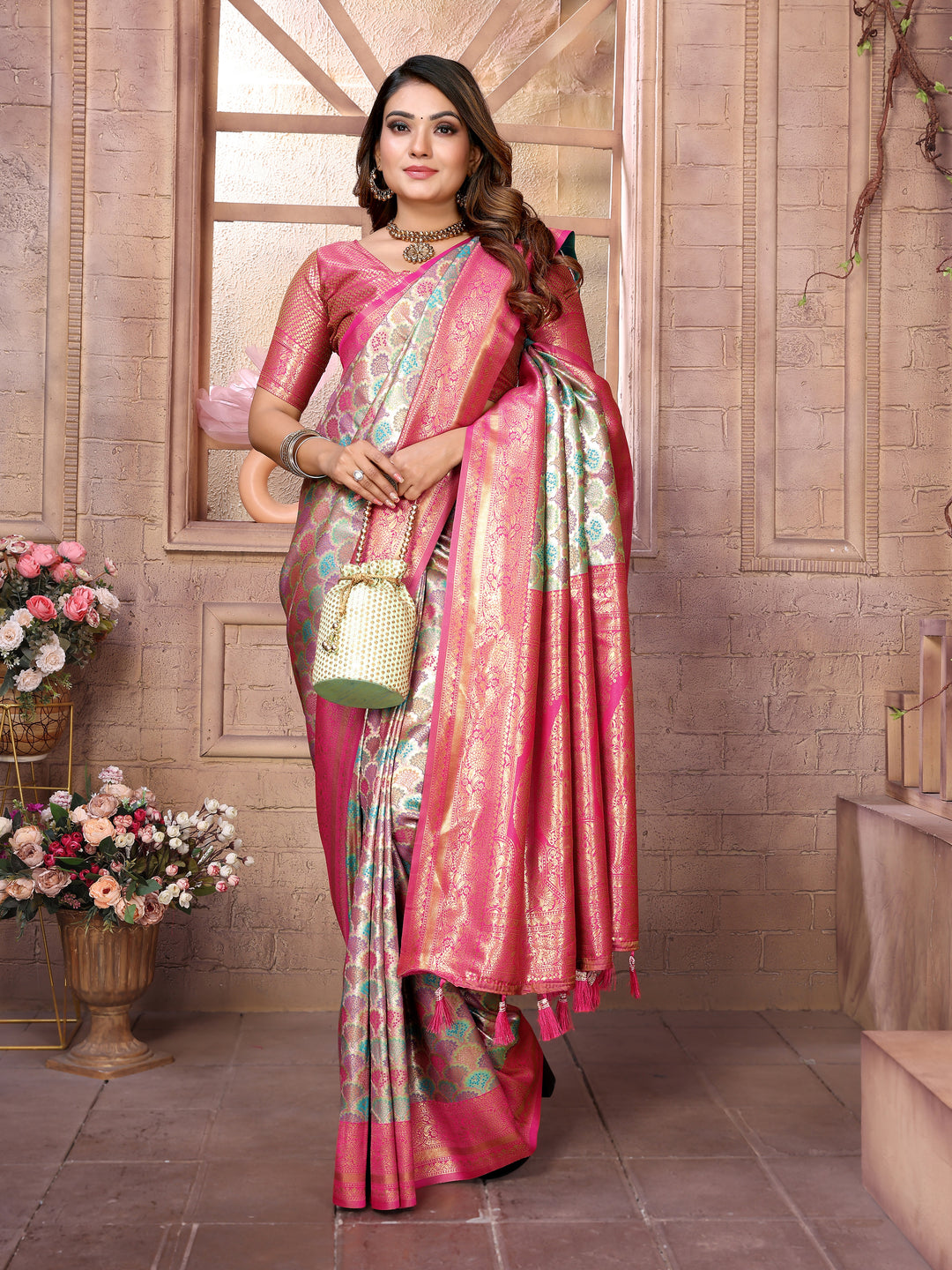 Multi Chaturi-1 Banarasi Chaturi silk saree Jari weaving Border and Weaving rich pallu