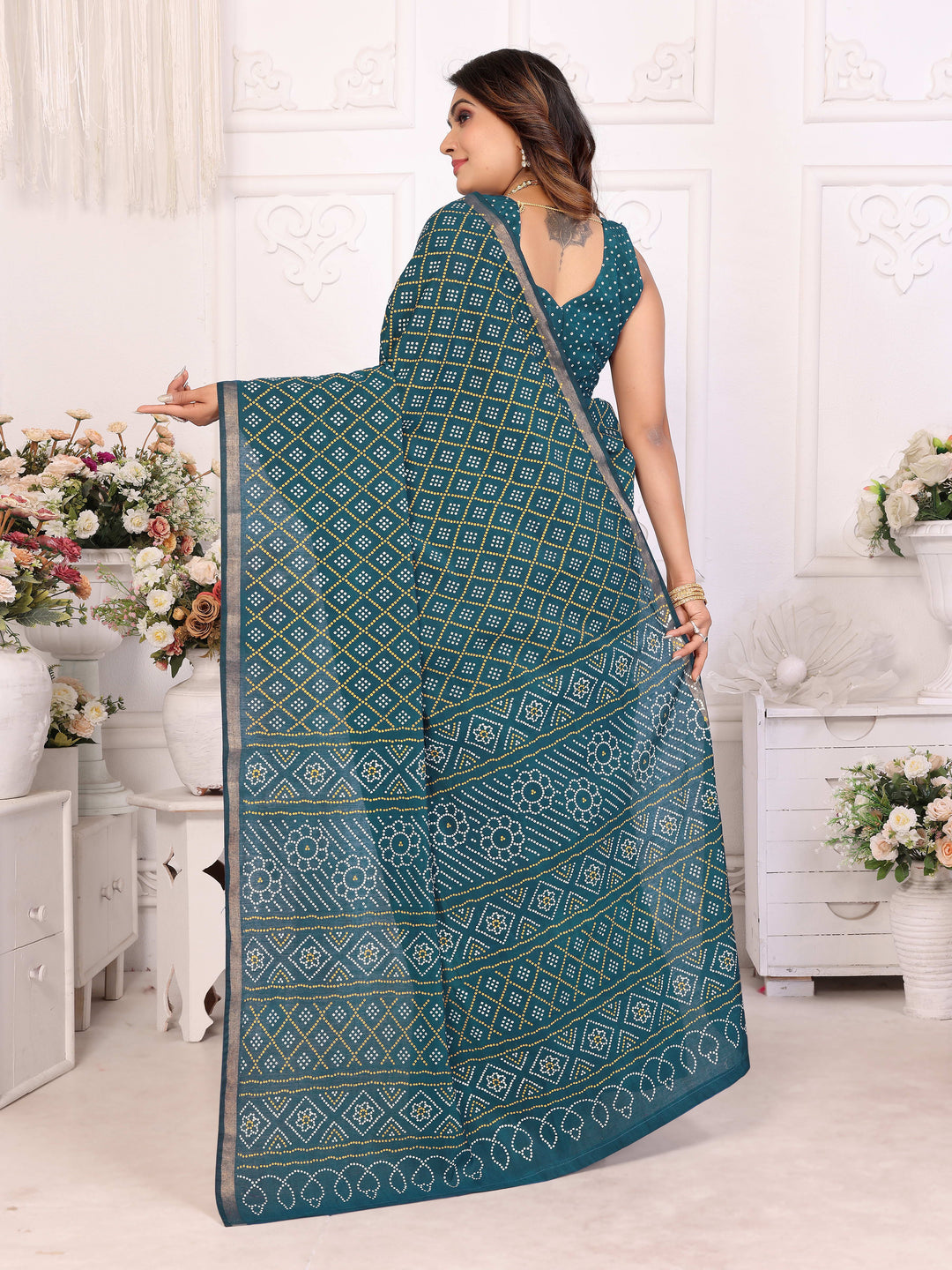 Teal Amba Pure Patola And Bandhej Pattern Soft Cotton Light Weight Saree