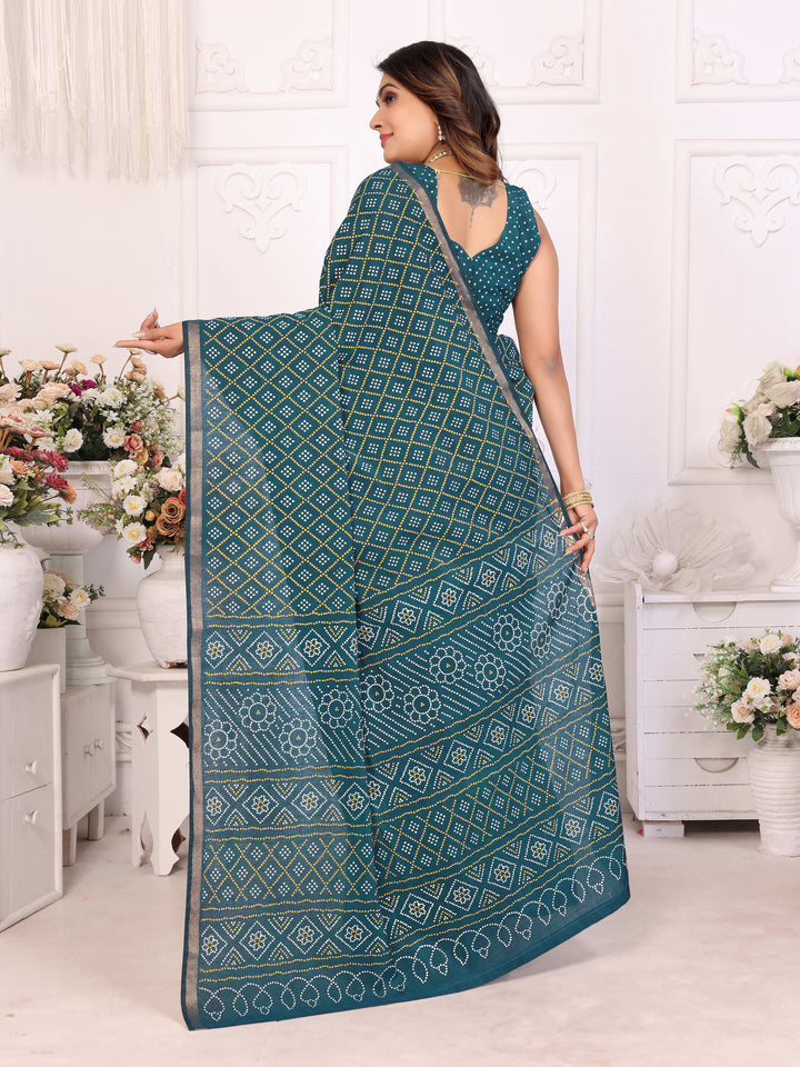 Teal Amba Pure Patola And Bandhej Pattern Soft Cotton Light Weight Saree