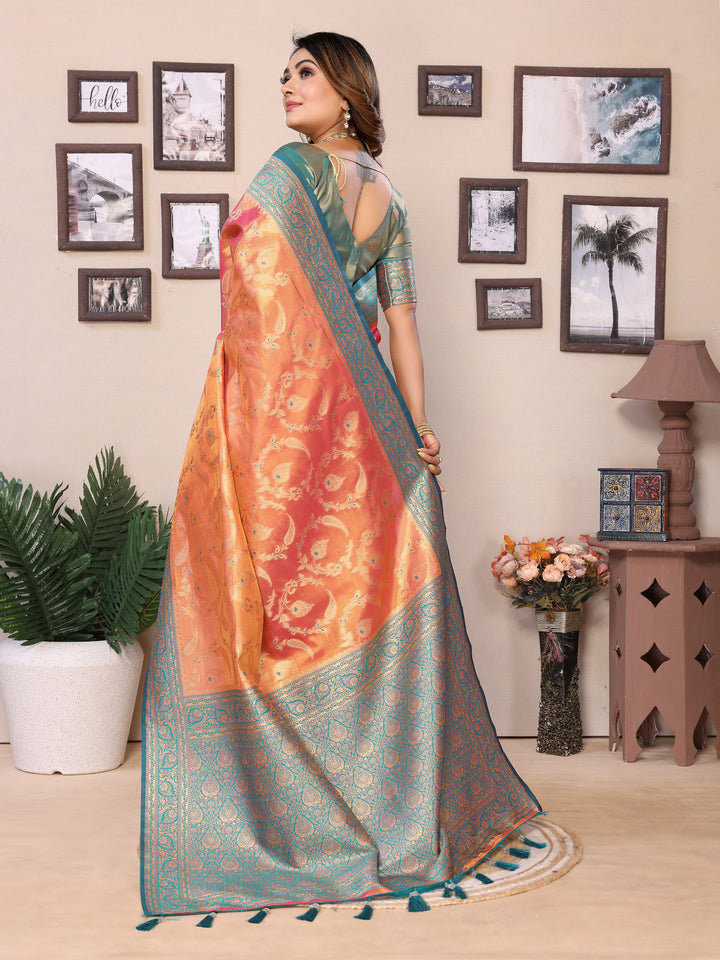 Orange Hema pure Banarasi Tissues silk sarees Its soft and silky with Meenkari woven border