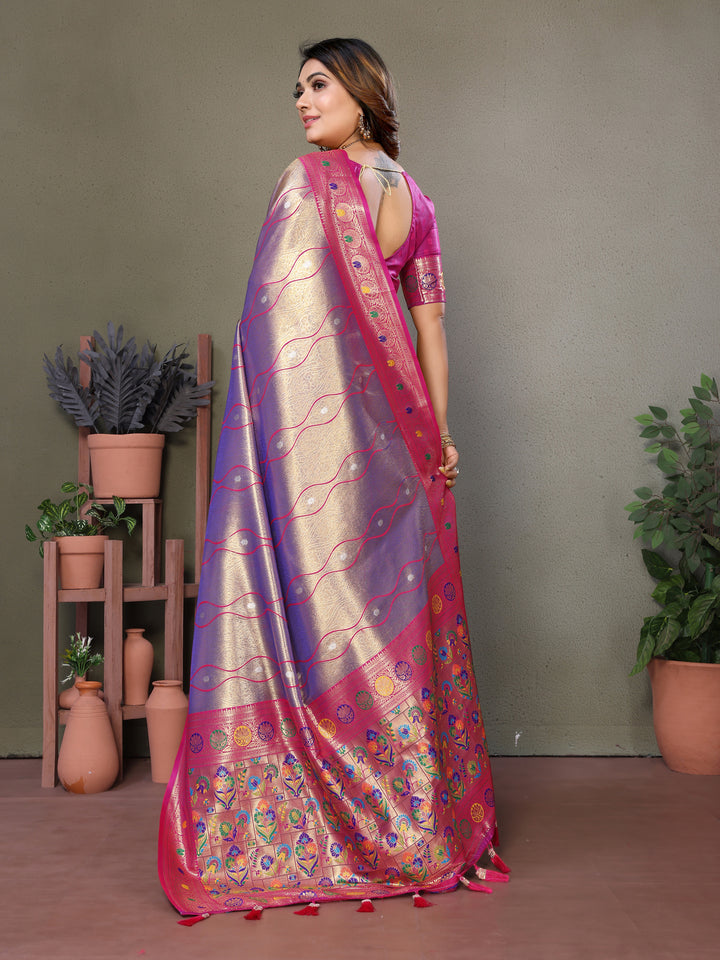 Purple Vasant Banarasi Tissue Silk Saree With Laheriya Woven Borders & Contrast Banarasi Pallu