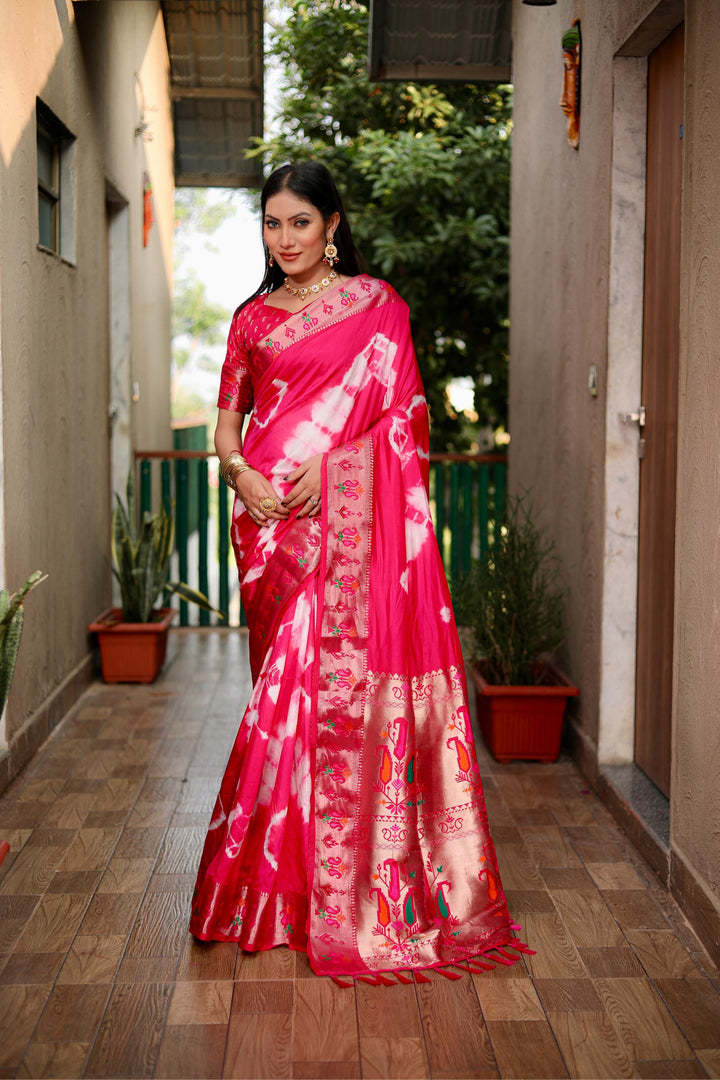 Pink Vatika Sibori Print Paithani Silk Sarees With Gold Zari Paithani Border & Contrast Rich Pallu