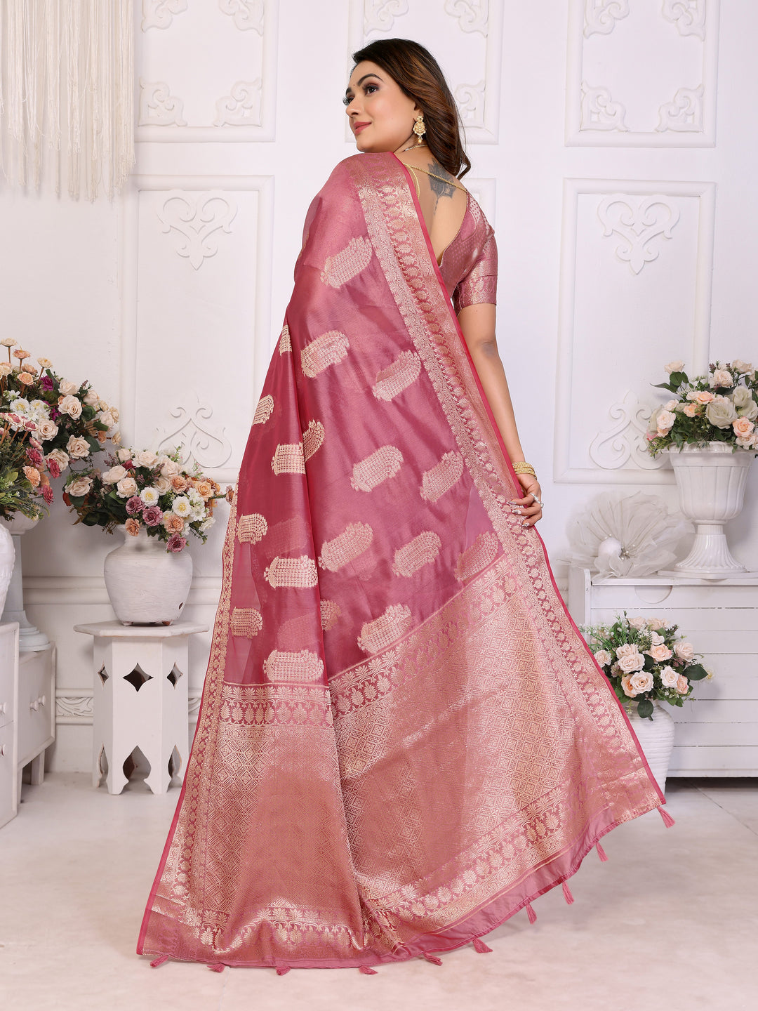 Pink Vanshika Soft Organza Silk Banarasi Saree With Unique Butta With Unique Colours