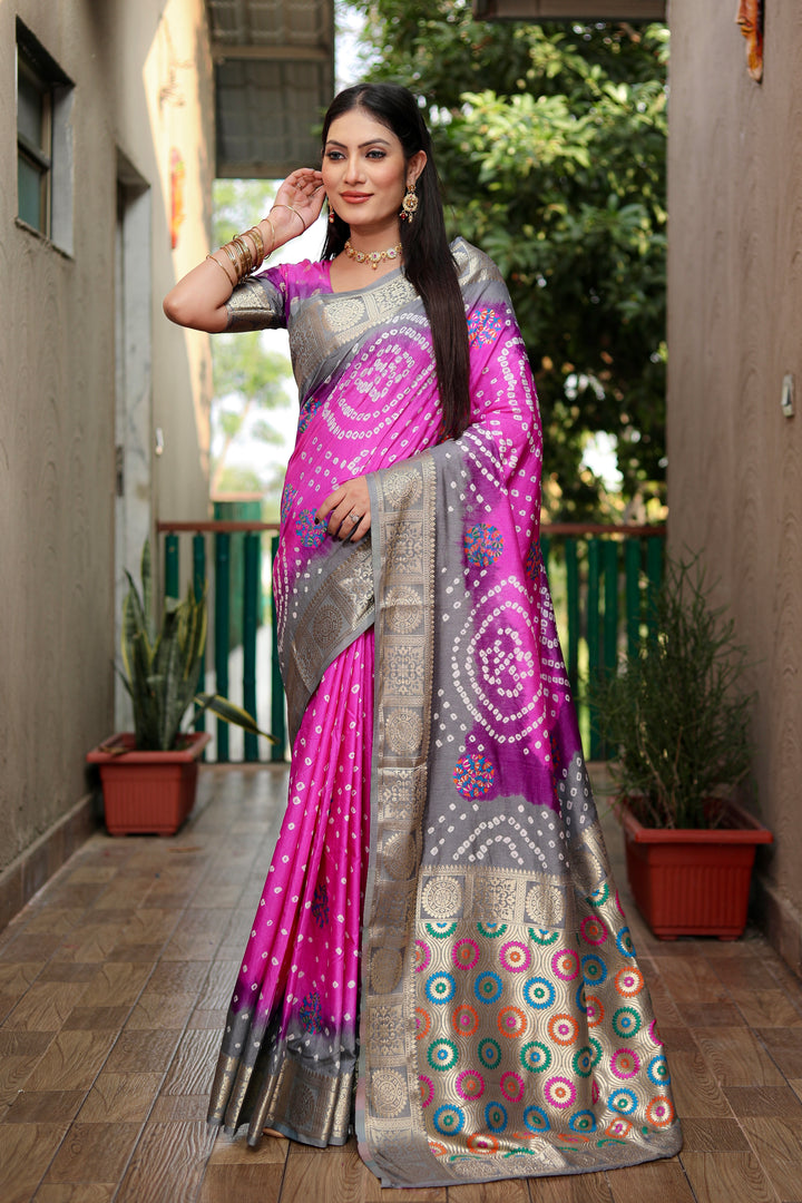 Light pink Ishani Pure Bandhej Silk Saree Minakari Weaving Butta With Zari