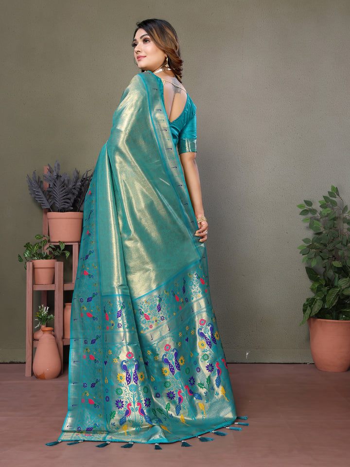 Sky Mrudangi Pure Banarasi Tissue silk sarees contrast Paithani woven border classic pallu