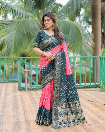 Light Pink Vamika Pure Bandhej Silk Saree With Bandhej Border & Zari Weaving Rich Tissue Pallu