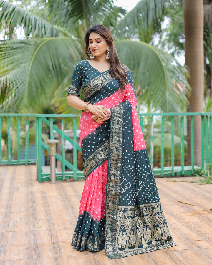 Light Pink Vamika Pure Bandhej Silk Saree With Bandhej Border & Zari Weaving Rich Tissue Pallu