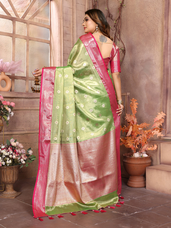 Green Anita Handloom Tissue Silk Sarees with Zari Weaving Designs and Zari borders Rich Pallu
