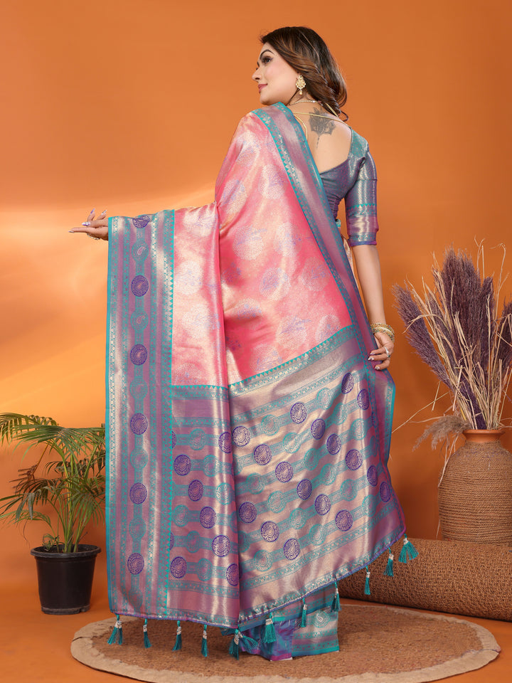 Pink Sonali Banarasi Silk Saree With Contrast Paithani Woven Borders & Pallu