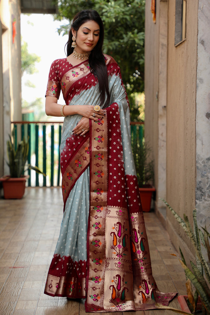 Gray Chandani Dola Soft Silk Bandhej Sarees Jari Paithani Weaving Border & Weaving Paithani Style Rich Pallu
