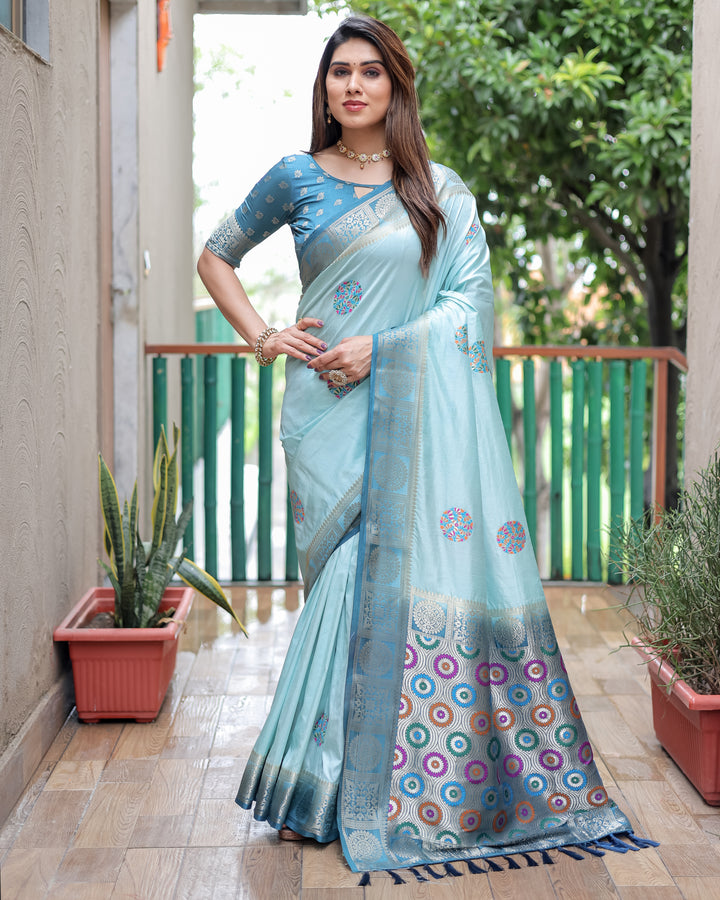 Sky Kamlika Dola Silk With Unique Butta And Contrast Border & Rich Pallu