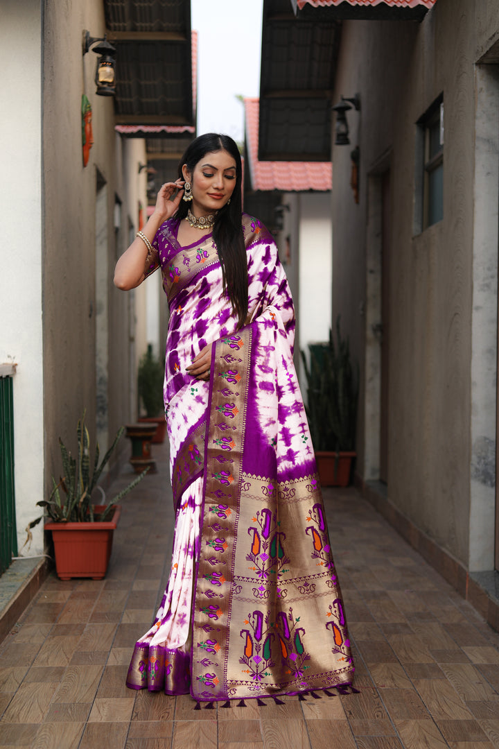 Purple Poonam Sibori Print Paithani Silk Sarees With Gold Zari Paithani Border & Contrast Rich Pallu