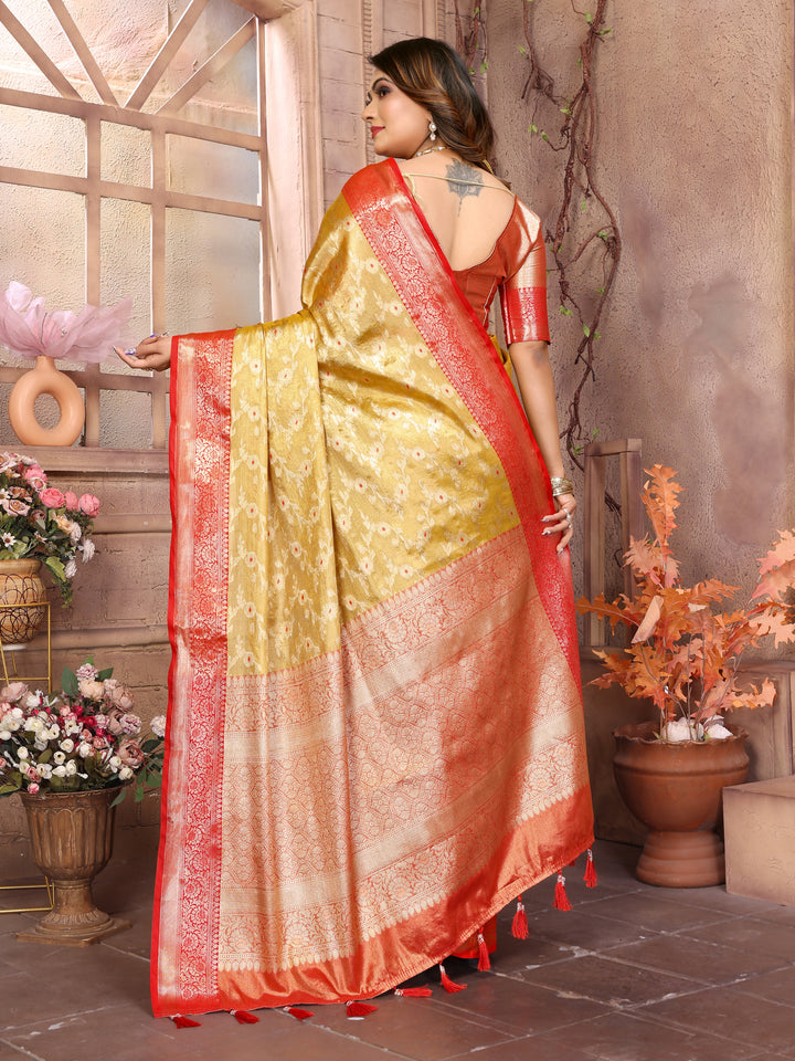 Yellow Vanita Tissue Silk Saree Zari Designs and Contrast Zari Borders & Rich Pallu